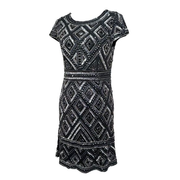 Adrianna Papell Beaded Mesh Sheath Dress Black Silver Sequin Art Deco Mod Mini - Picture 6 of 15